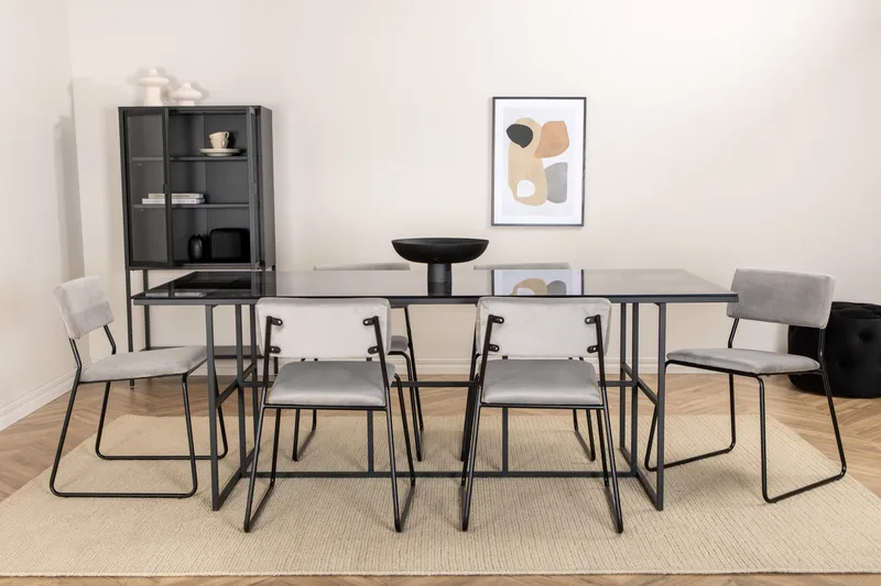 Spisebordssæt Leria 200 cm inkl 6 Kenth Velourstole, Glas/Sort/Lysegrå