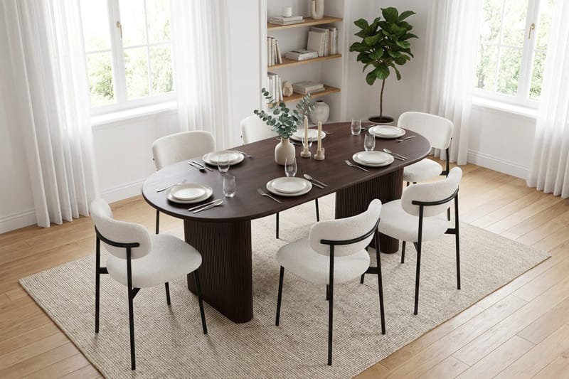 Spisegruppe Bark Noira 220 cm Røget eg Hvid bouclé/metalben sort 6 - Røget eg - Møbler - Borde - Spisebordssæt