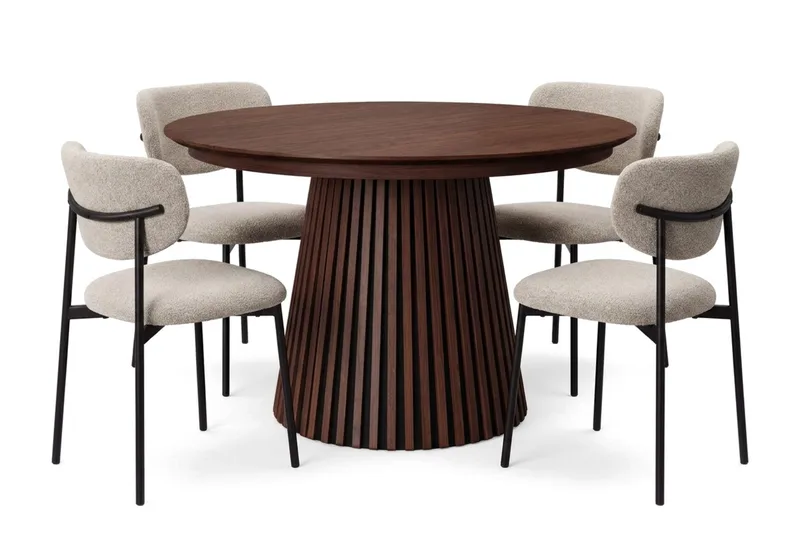 Spisegruppe Bark Peyra 120-220 cm Valnød Greige bouclé/metalben sort, undefined