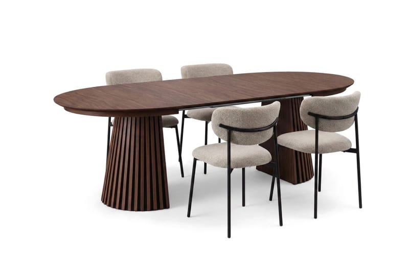 Spisegruppe Bark Peyra 120-220 cm Valnød Greige bouclé/metalben sort - Møbler - Borde - Spisebordssæt