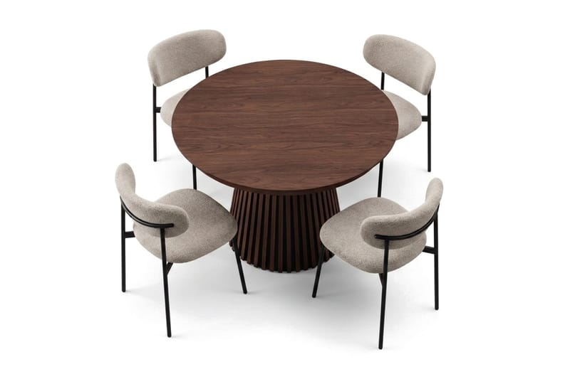 Spisegruppe Bark Peyra 120-220 cm Valnød Greige bouclé/metalben sort - Møbler - Borde - Spisebordssæt