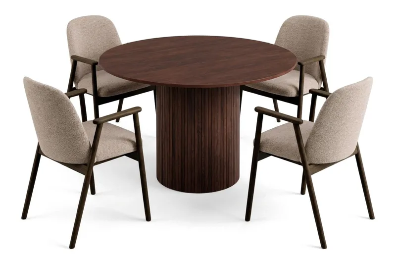 Spisegruppe Kopparbo 110 cm Valnød Mørkebrun/Greige Rund 4, Valnød