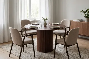 Spisegruppe Kopparbo 110 cm Valnød Mørkebrun/Greige Rund 4 - Valnød - Møbler - Borde - Spisebordssæt