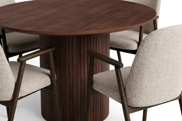 Spisegruppe Kopparbo 110 cm Valnød Mørkebrun/Greige Rund 4 - Valnød - Møbler - Borde - Spisebordssæt