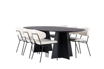 Spisegruppe Venture Home Bootcut ovalt spisebord - Sort/Sort finer +Chico spisestol - Sort/Hvid bouclé _6 Sort - Møbler - Borde - Spisebordssæt