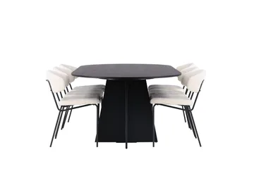 Spisegruppe Venture Home Bootcut ovalt spisebord - Sort/Sort finer +Chico spisestol - Sort/Hvid bouclé _6 Sort - Møbler - Borde - Spisebordssæt