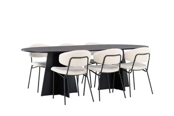 Spisegruppe Venture Home Bootcut ovalt spisebord - Sort/Sort finer +Chico spisestol - Sort/Hvid bouclé _6 Sort - Møbler - Borde - Spisebordssæt