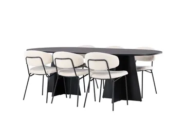 Spisegruppe Venture Home Bootcut ovalt spisebord - Sort/Sort finer +Chico spisestol - Sort/Hvid bouclé _6 Sort - Møbler - Borde - Spisebordssæt