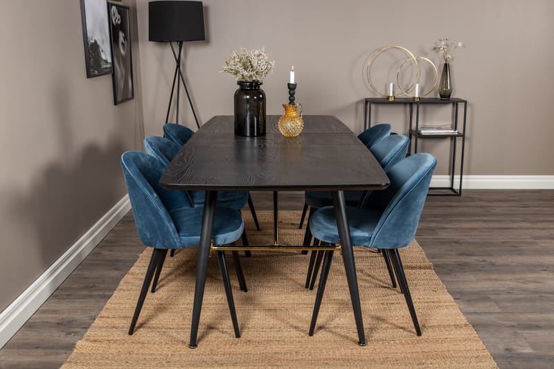Spisegruppe Venture Home Gold spisegruppe udtrækbar 180-220 cm rektangulær med 6 Velvet-stole Sort/Blå - Møbler - Borde - Spisebordssæt