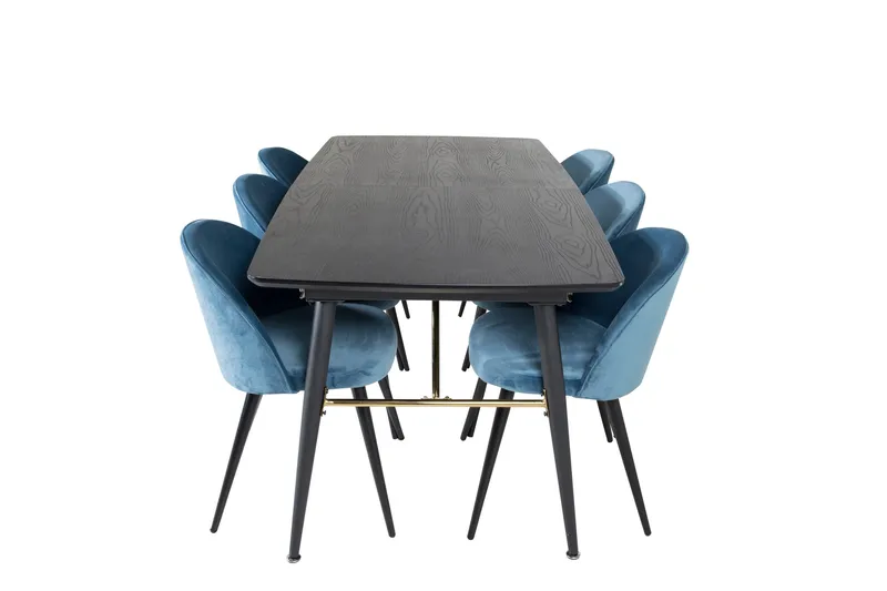 Spisegruppe Venture Home Gold spisegruppe udtrækbar 180-220 cm rektangulær med 6 Velvet-stole Sort/Blå