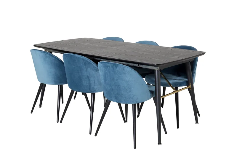 Spisegruppe Venture Home Gold spisegruppe udtrækbar 180-220 cm rektangulær med 6 Velvet-stole Sort/Blå - Møbler - Borde - Spisebordssæt