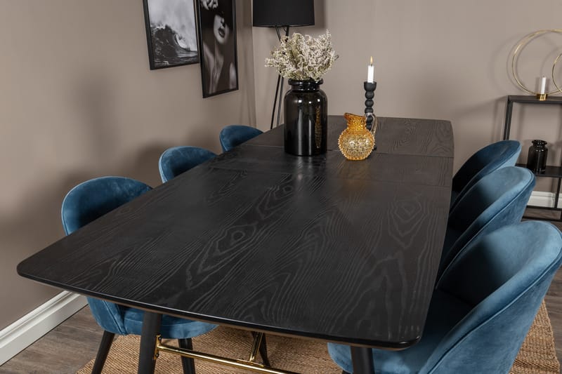Spisegruppe Venture Home Gold spisegruppe udtrækbar 180-220 cm rektangulær med 6 Velvet-stole Sort/Blå - Møbler - Borde - Spisebordssæt