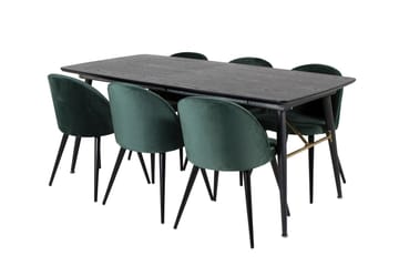 Spisegruppe Venture Home Gold spisegruppe udtrækbar 180-220 cm rektangulær med 6 Velvet-stole Sort/Grøn - Møbler - Borde - Spisebordssæt