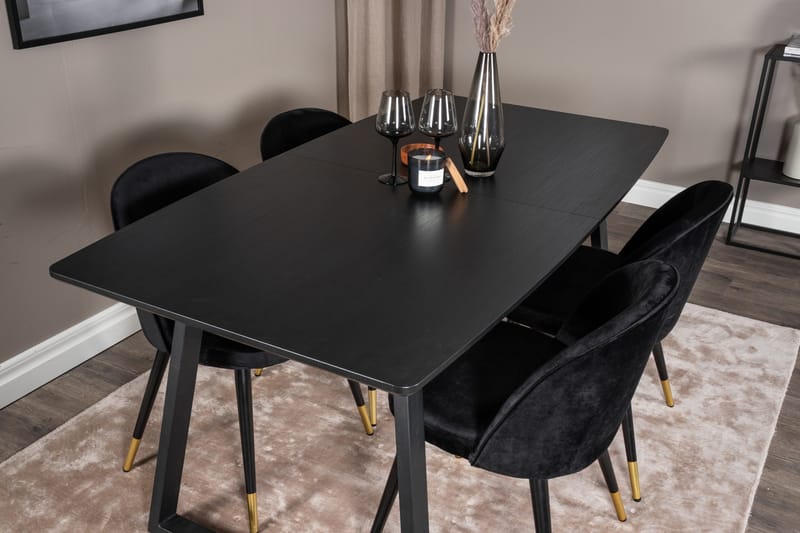 Spisegruppe Venture Home Inca spisegruppe udtrækkelig 160 cm rektangulær med 4 Velvet-stole Sort2 - Møbler - Borde - Spisebordssæt