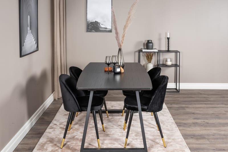 Spisegruppe Venture Home Inca spisegruppe udtrækkelig 160 cm rektangulær med 4 Velvet-stole Sort2 - Møbler - Borde - Spisebordssæt