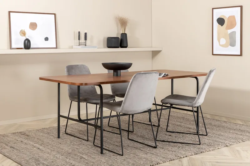 Unos Spisebordssæt 200 cm inkl 4 Jadraque Stole, Valnødsbrun/Sort/Grå