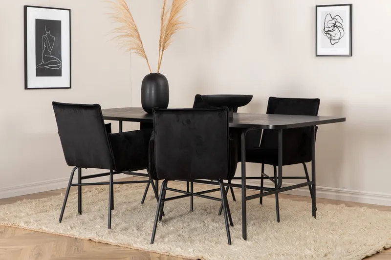 Unos Spisebordssæt 200 cm inkl 4 Pipi Stole, Sort