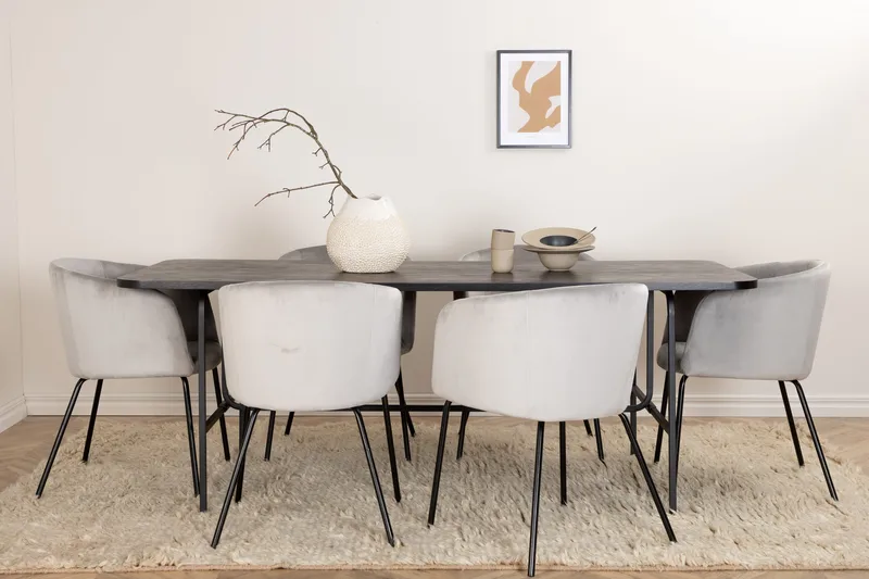 Unos Spisebordssæt 200 cm inkl 6 Berita Velourstole - Sort/Grå - Møbler - Borde - Spisebordssæt