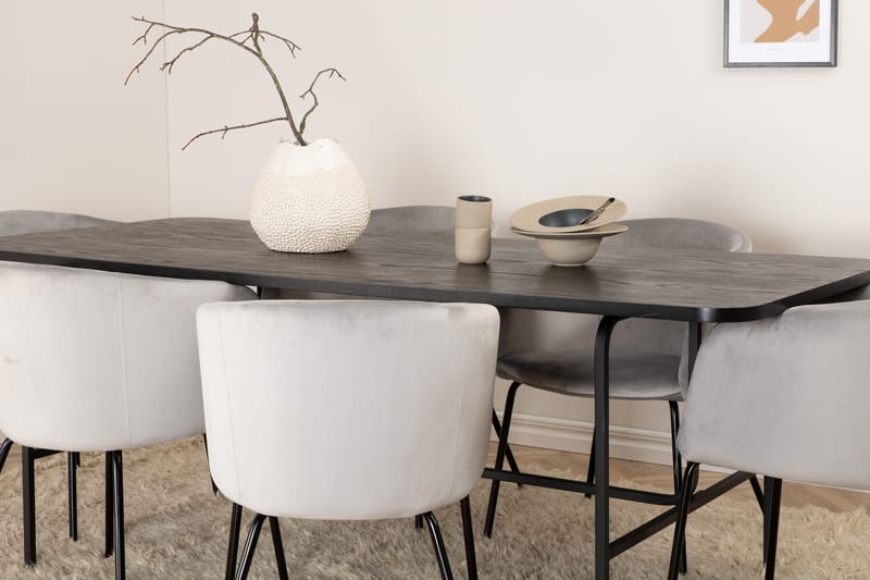 Unos Spisebordssæt 200 cm inkl 6 Berita Velourstole - Sort/Grå - Møbler - Borde - Spisebordssæt