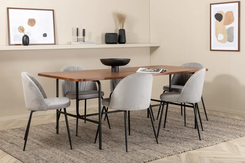Unos Spisebordssæt 200 cm inkl 6 Foyos Stole, Valnødsbrun/Sort/Grå