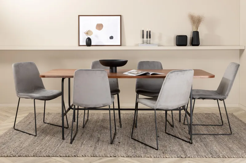 Unos Spisebordssæt 200 cm inkl 6 Jadraque Stole - Valnødsbrun/Sort/Grå - Møbler - Borde - Spisebordssæt
