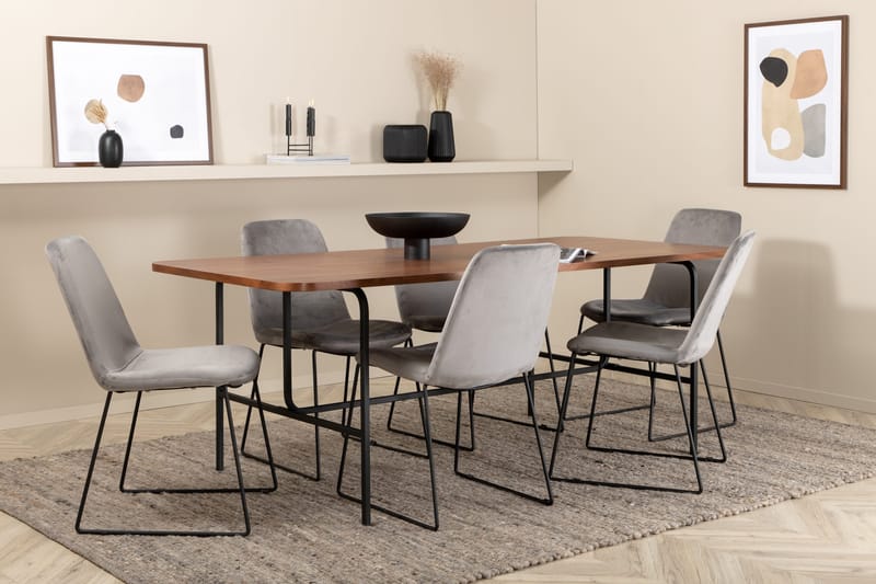Unos Spisebordssæt 200 cm inkl 6 Jadraque Stole, Valnødsbrun/Sort/Grå