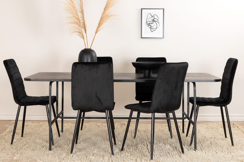 Unos Spisebordssæt 200 cm inkl 6 Robin Velourstole - Sort - Møbler - Borde - Spisebordssæt