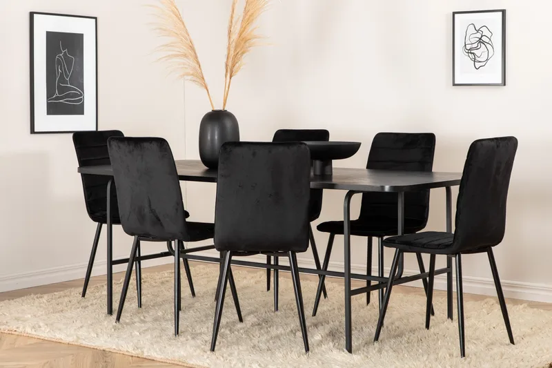 Unos Spisebordssæt 200 cm inkl 6 Robin Velourstole, Sort