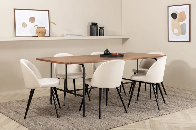 Unos Spisebordssæt 200 cm inkl 6 Valera Manchesterstole, Valnødsbrun/Sort/Beige