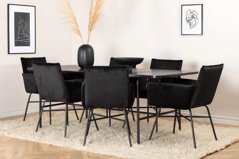 Unos Spisebordssæt 200 cm inkl 6 Pippi Stole, Sort