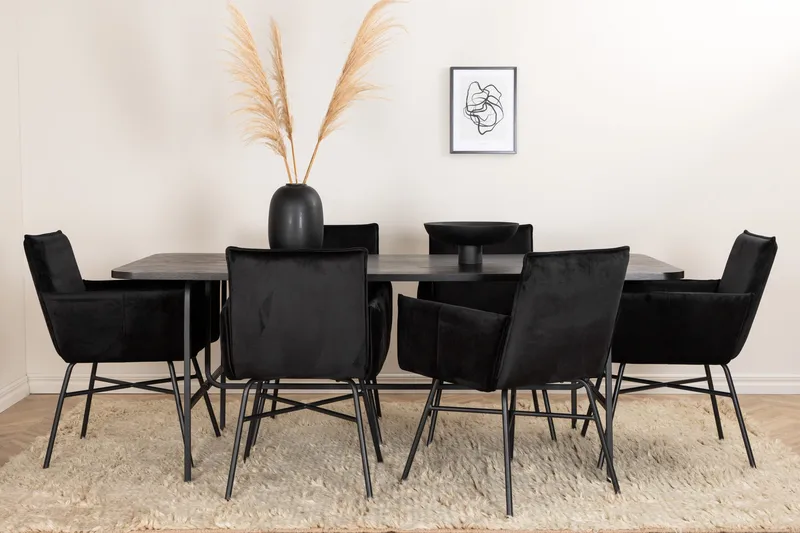 Unos Spisebordssæt 200 cm inkl 6 Pippi Stole - Sort - Møbler - Borde - Spisebordssæt