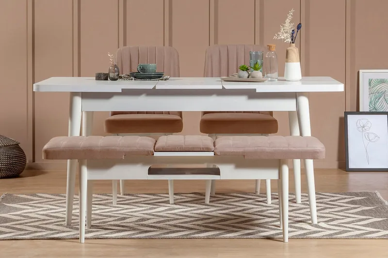 Valsot Udvideligt Spisebordssæt 129 cm, Hvid/Grå