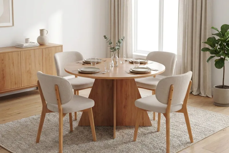 Vera spisegruppe 110 cm rund i eg med 4 Eira spisebordsstole - Eg - Møbler - Borde - Spisebordssæt