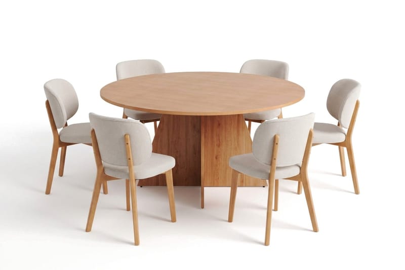 Vera spisegruppe 150 cm rund i eg med 6 Eira spisebordsstole, Eg