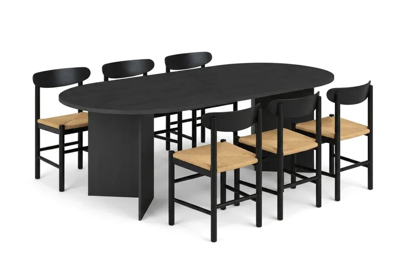 Vera spisegruppe rektangulær 180 cm sort med 6 Malte spisestole, undefined