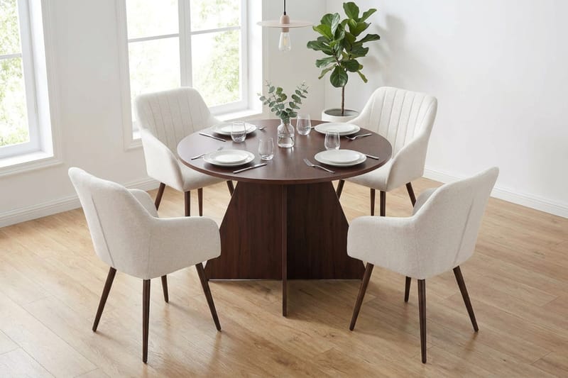 Vera spisegruppe rund 110 cm valnød med 4 Filippa spisestole - Valnød - Møbler - Borde - Spisebordssæt