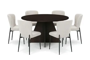 Vera spisegruppe rund 130 cm røget eg med 6 Elsie spisestole - Røget eg/Beige - Møbler - Borde - Spisebordssæt