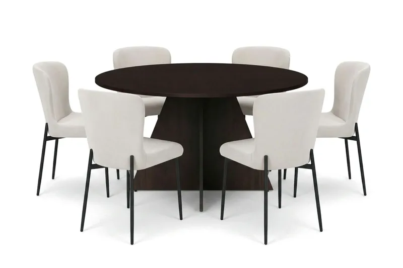 Vera spisegruppe rund 130 cm røget eg med 6 Elsie spisestole, Røget eg/Beige