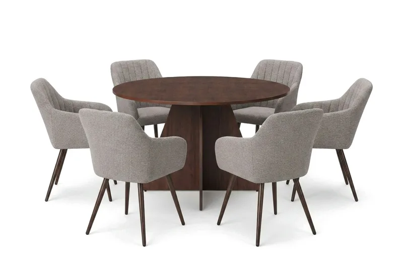 Vera spisegruppe rund 130 cm valnød med 6 Filippa spisebordsstole, Valnød