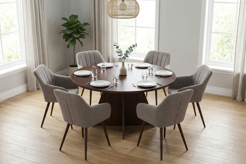 Vera spisegruppe rund 130 cm valnød med 6 Filippa spisebordsstole - Valnød - Møbler - Borde - Spisebordssæt