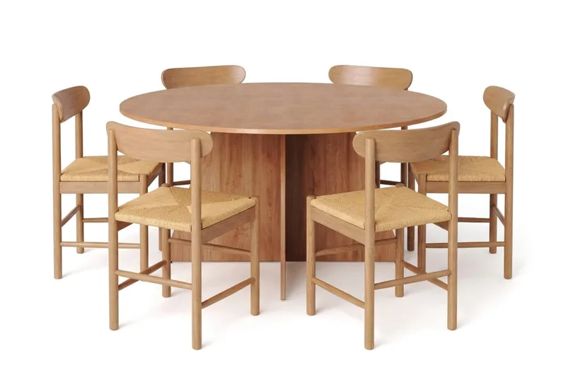 Vera spisegruppe rund 150 cm eg med 6 Malte spisebordsstole, Eg