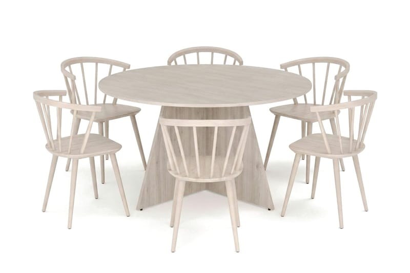 Vera spisegruppe rund 150 cm hvidlaseret med 6 Tyrö-spisestole, Hvidlakeret