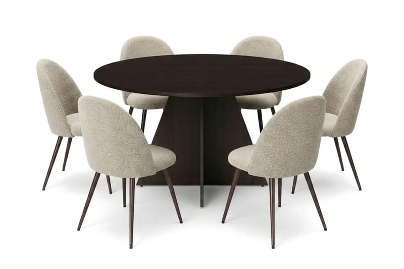 Vera spisegruppe rundt 130 cm røget eg med 6 Nibe Plus spisebordsstole, Røget eg