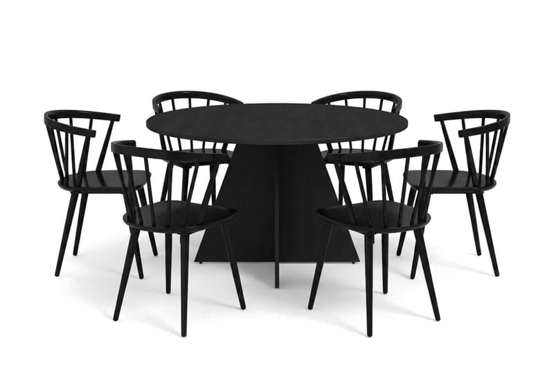 Vera spisegruppe rundt 130 cm sort med 6 Tyrö spisebordsstole, Sort