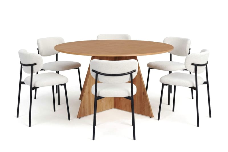 Vera spisegruppe rundt 150 cm eg med 6 Lucy spisebordsstole, Eg