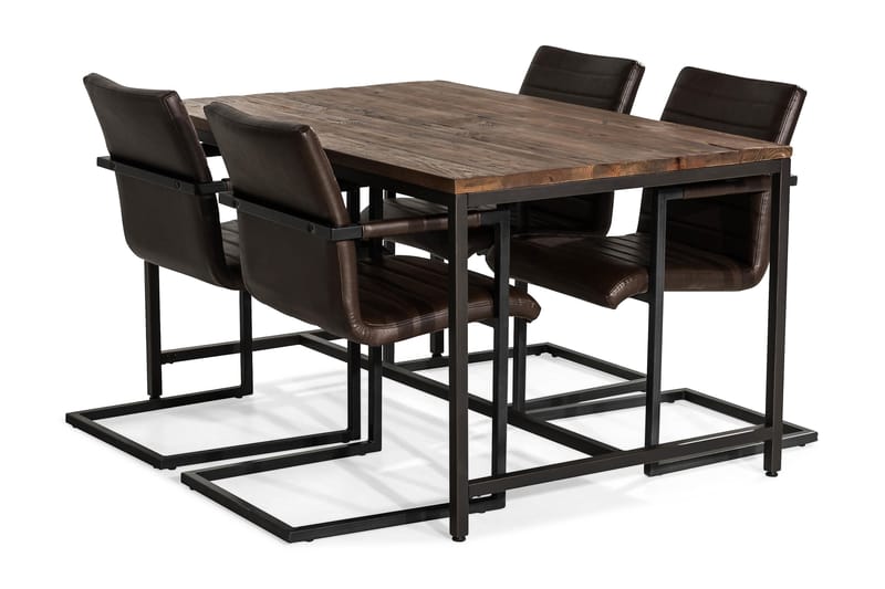 Wilmer Spisebordssæt 140 cm med 4 House Stole Vintage - Rustik Elm/Sort/Mørkebrun PU - Spisebordssæt