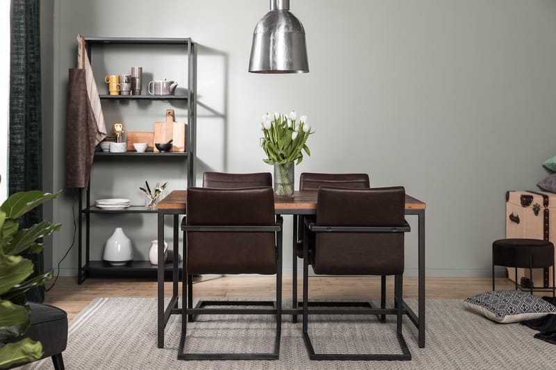 Wilmer Spisebordssæt 140 cm med 4 House Stole Vintage - Rustik Elm/Sort/Mørkebrun PU - Møbler - Borde - Spisebordssæt
