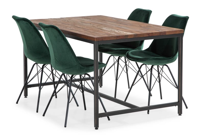 Wilmer Spisebordssæt 140 cm med 4 Shell Stol Velour - Brun/Grøn - Møbler - Borde - Spisebordssæt