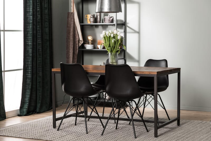 Wilmer Spisebordssæt 140 cm med 4 Shell Stole - Rustik Elm/Sort PU - Møbler - Borde - Spisebordssæt