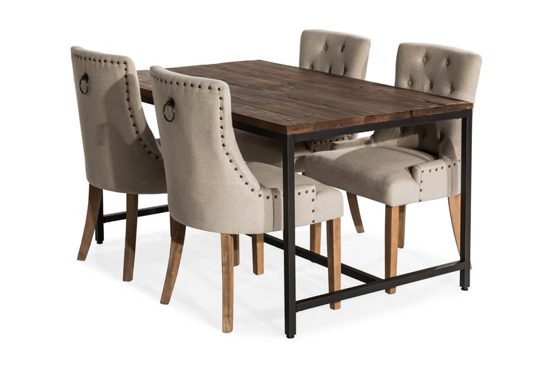 Wilmer Spisebordssæt 140 cm med 4 Viktoria Lænestol - Rustik Elm/Sort/Beige/Træ - Møbler - Borde - Spisebordssæt